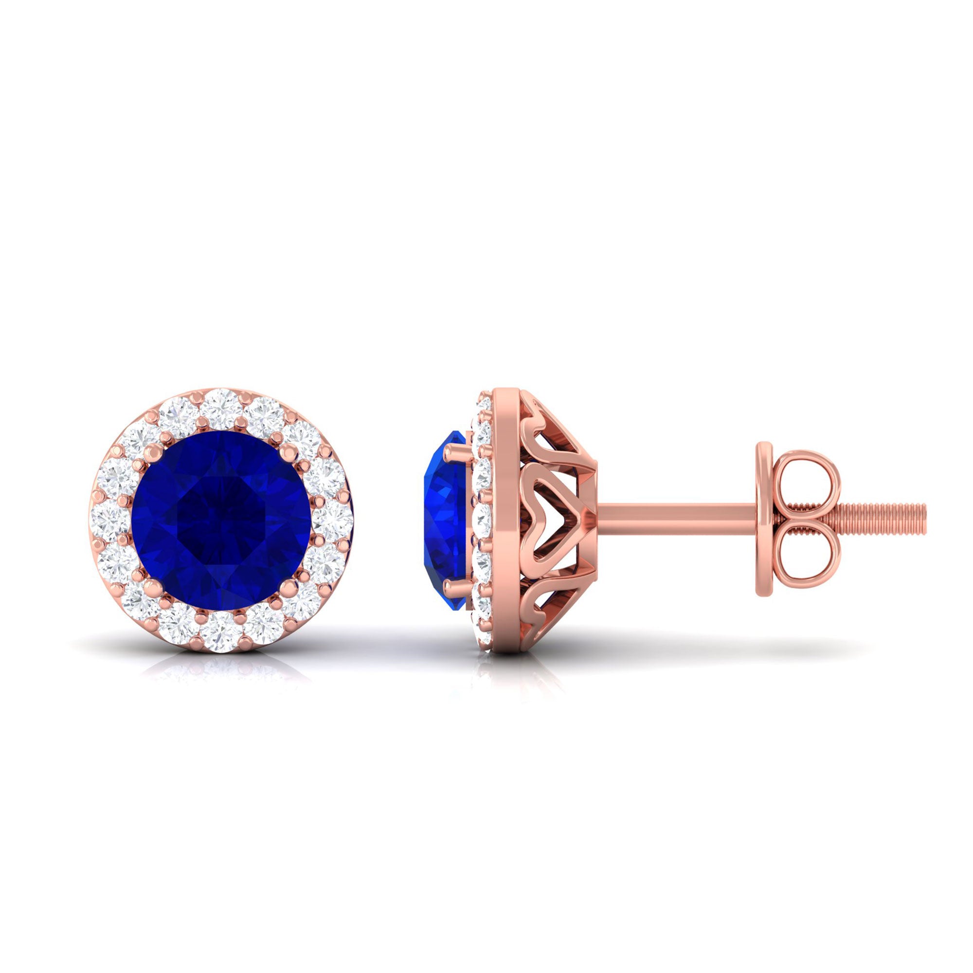 Vibrant Grown Labs-Classic Lab Created Blue Sapphire Stud Earrings with Halo