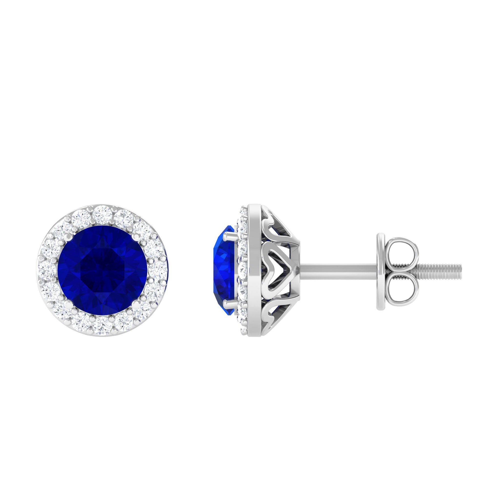 Vibrant Grown Labs-Classic Lab Created Blue Sapphire Stud Earrings with Halo