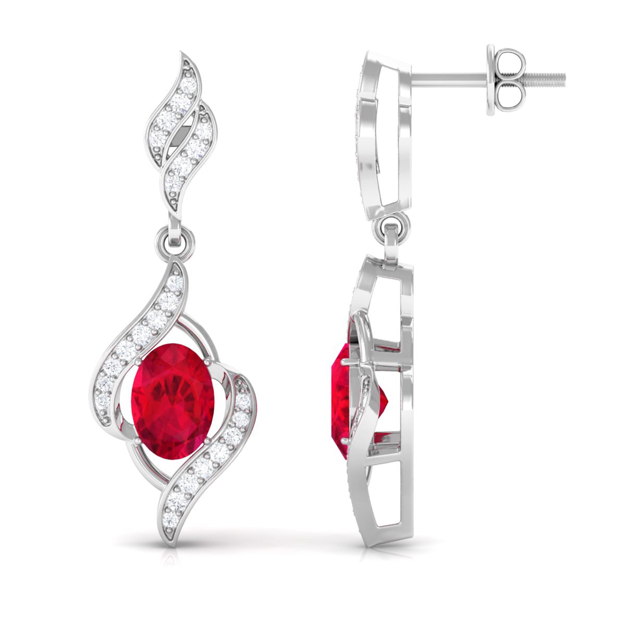 Minimal Lab Grown Ruby Drop Earrings with Accent Lab Created Ruby - ( AAAA ) - Quality - Vibrant Grown Labs