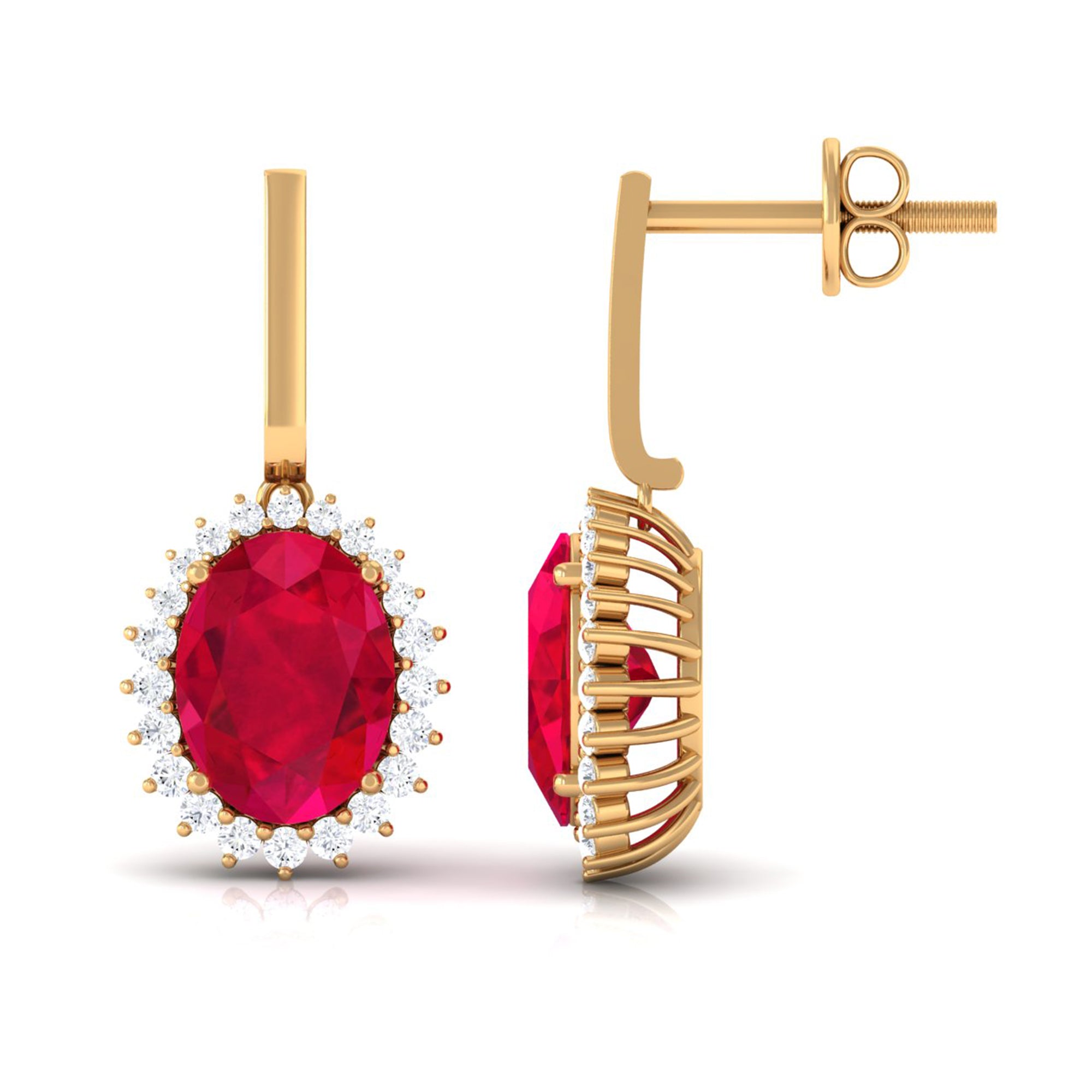 Vibrant Grown Labs-Oval Shape Lab Grown Ruby Drop Earrings with Halo