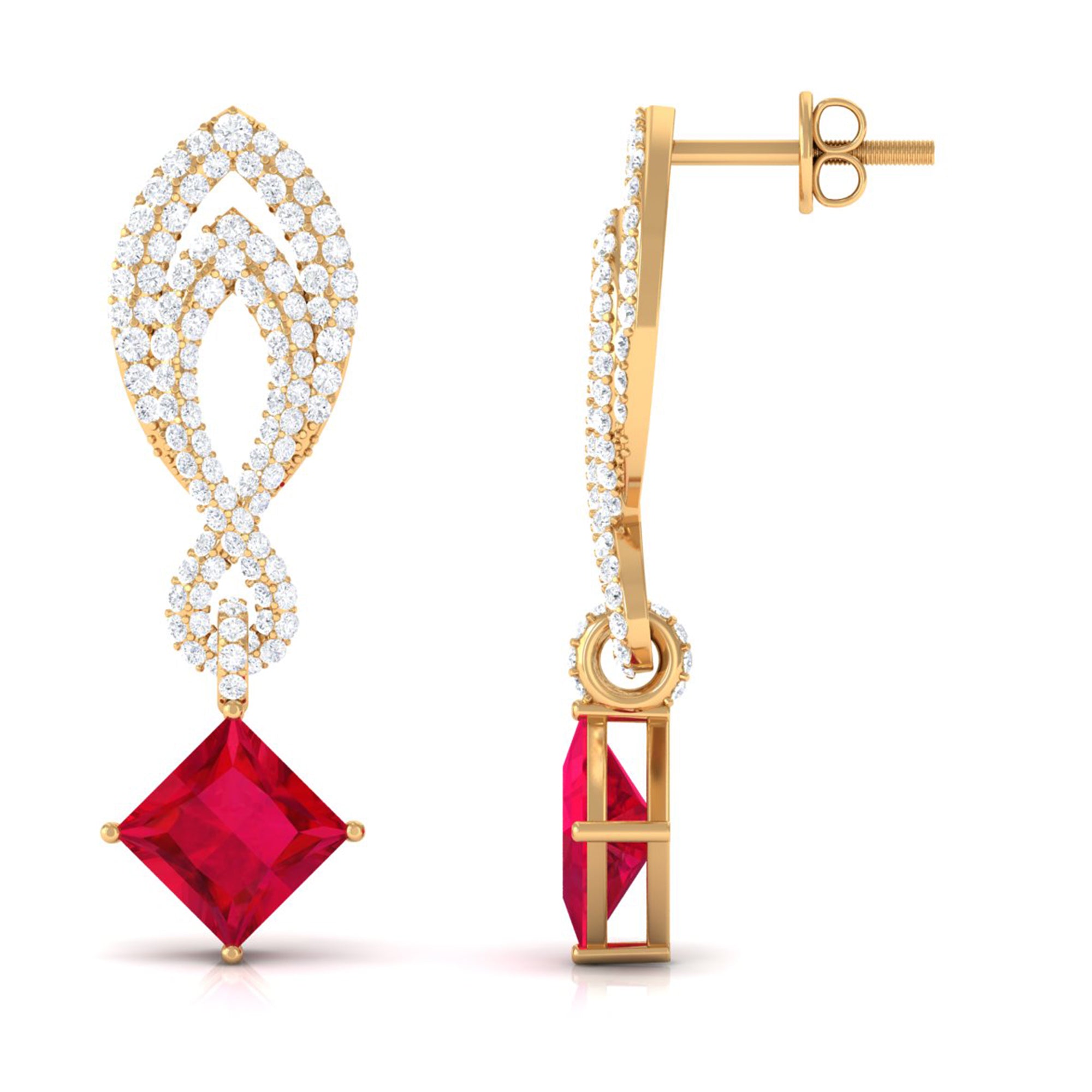 Minimal Lab Created Ruby Drop Earrings with Diamond Lab Created Ruby - ( AAAA ) - Quality - Vibrant Grown Labs