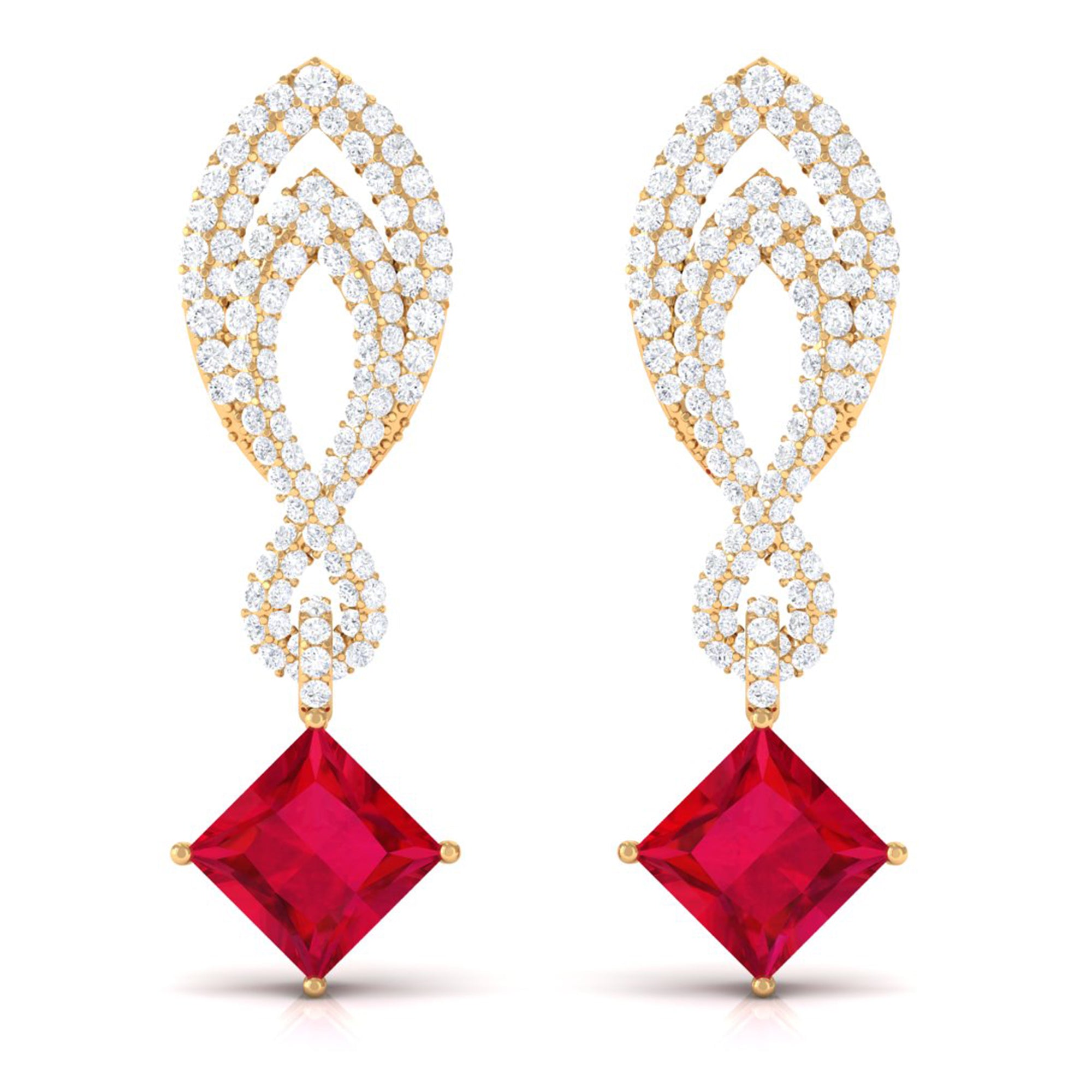 Minimal Lab Created Ruby Drop Earrings with Diamond Lab Created Ruby - ( AAAA ) - Quality - Vibrant Grown Labs