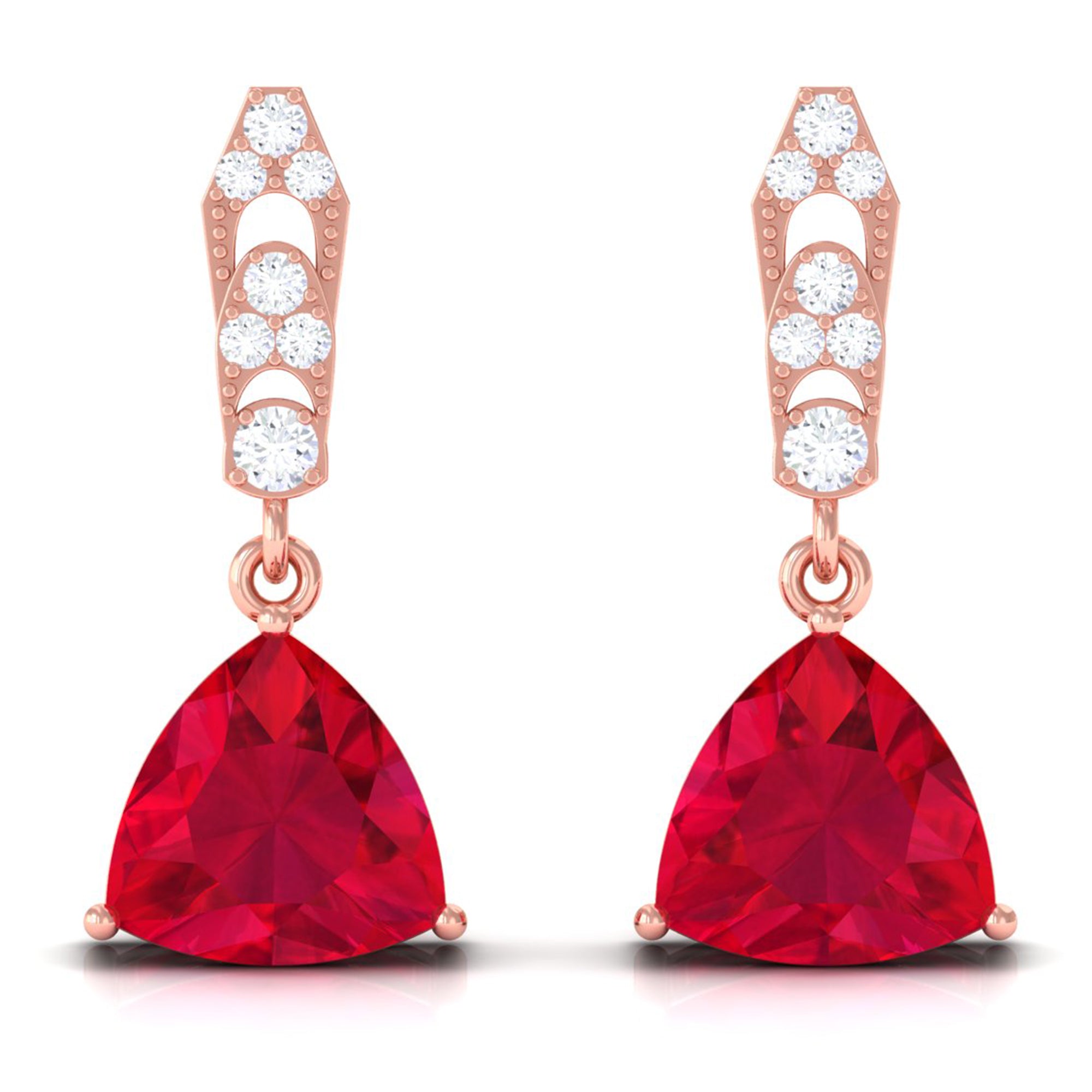 Vibrant Grown Labs-Trilliant Cut Created Ruby Drop Earrings with Diamond