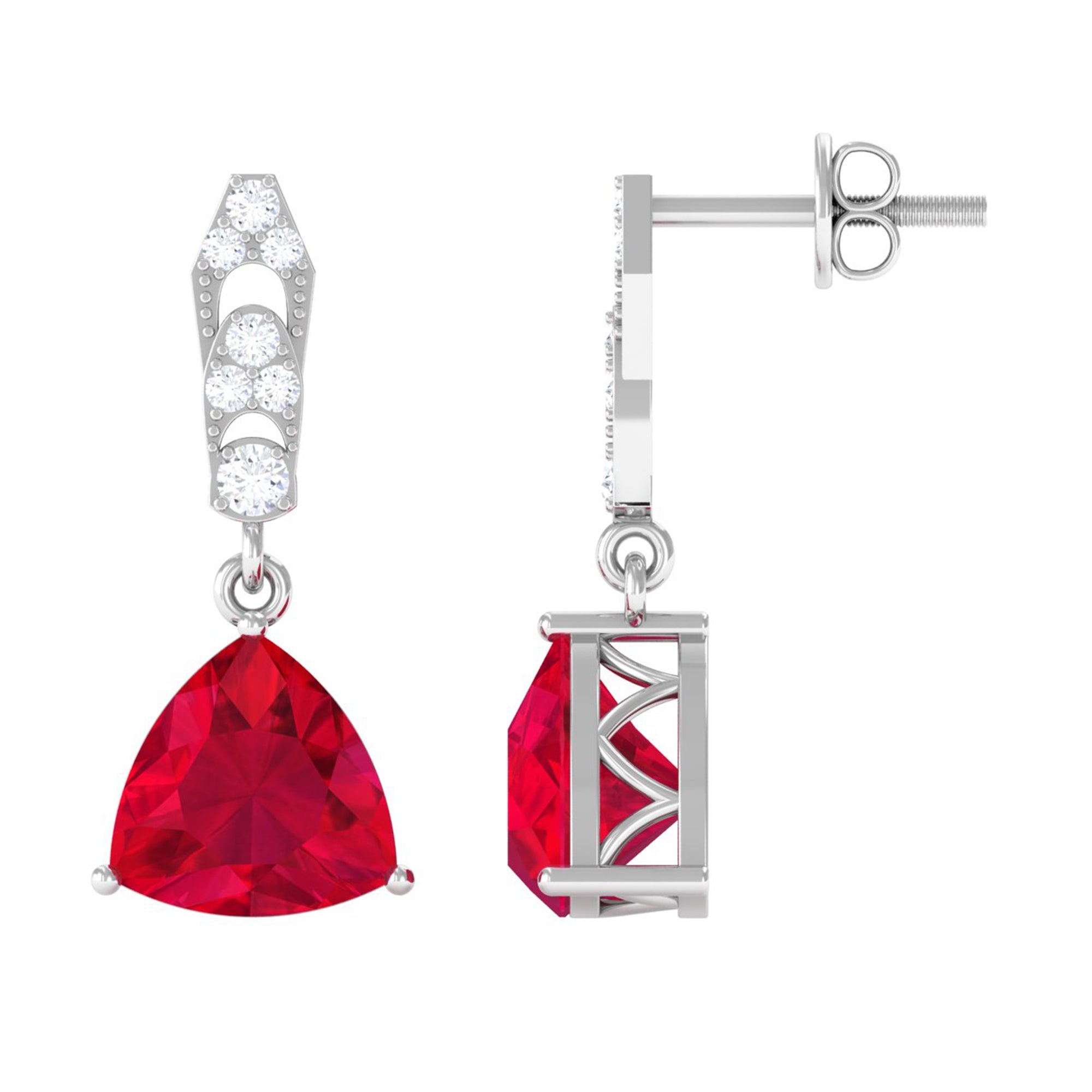 Vibrant Grown Labs-Trilliant Cut Created Ruby Drop Earrings with Diamond