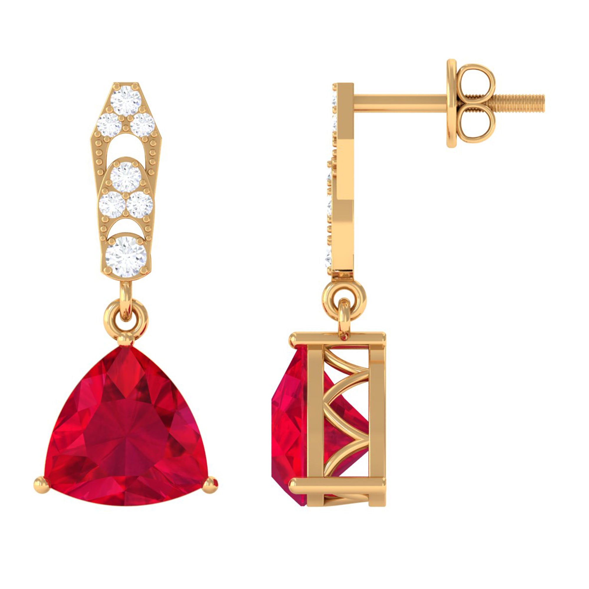 Vibrant Grown Labs-Trilliant Cut Created Ruby Drop Earrings with Diamond