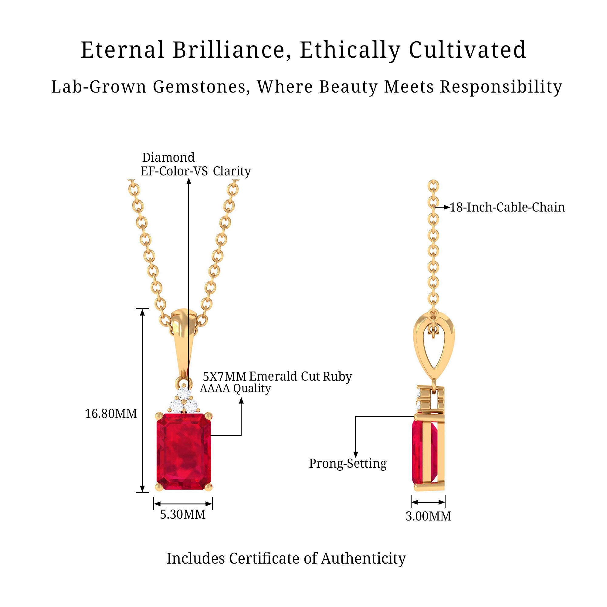 Vibrant Grown Labs-Emerald Cut Lab Grown Ruby Pendant Necklace