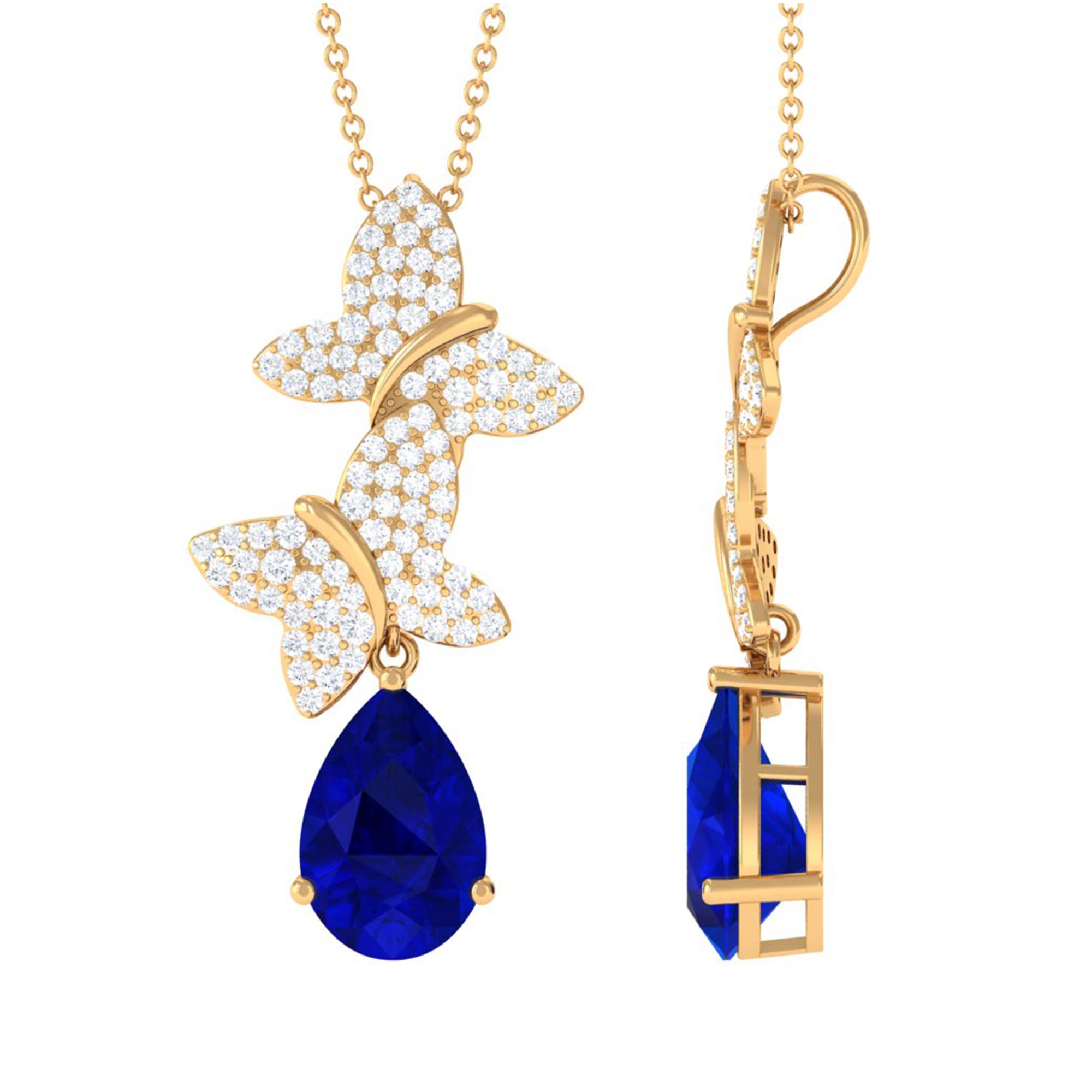 Vibrant Grown Labs-Created Blue Sapphire Pendant Necklace with Diamond Butterflies