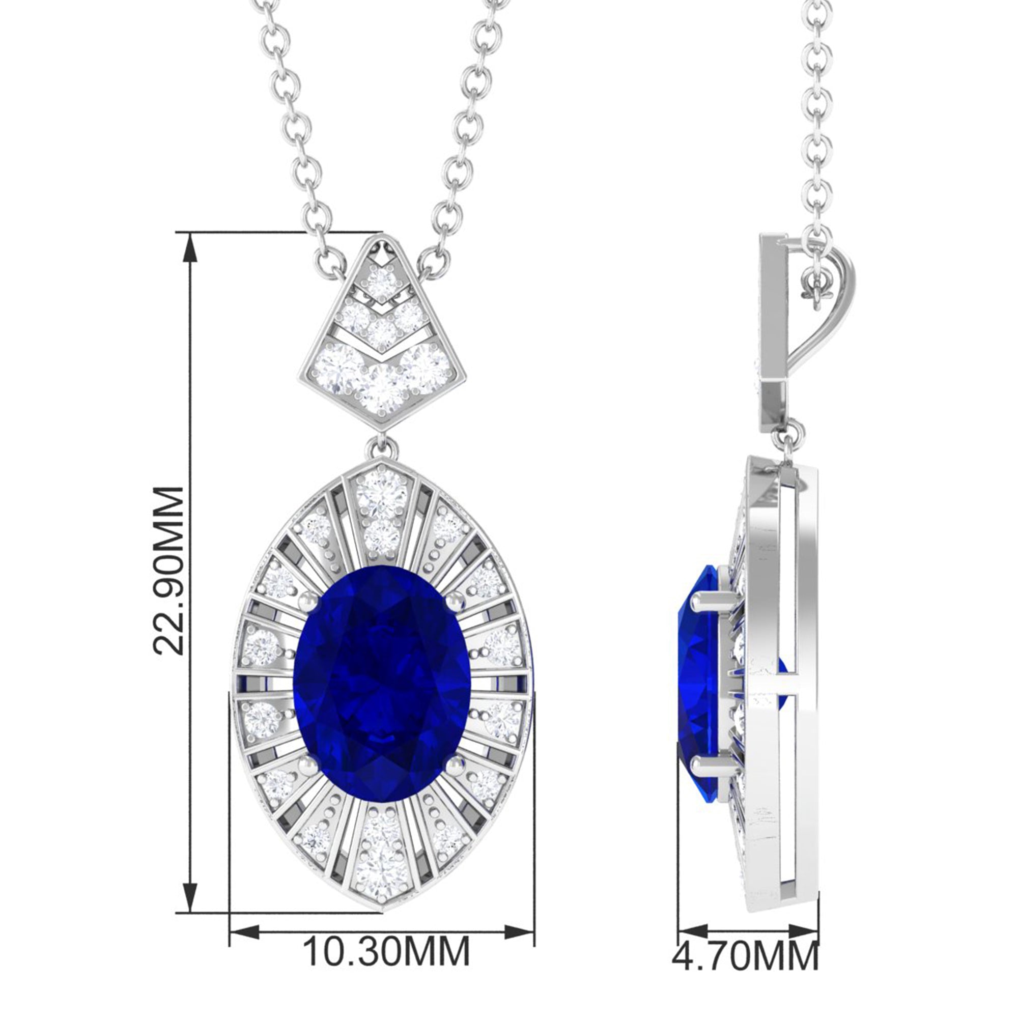 Vibrant Grown Labs-Oval Lab Created Blue Sapphire Art Deco Pendant Necklace with Diamond