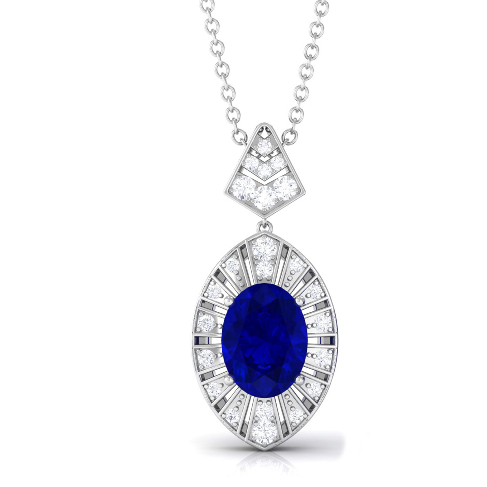 Vibrant Grown Labs-Oval Lab Created Blue Sapphire Art Deco Pendant Necklace with Diamond