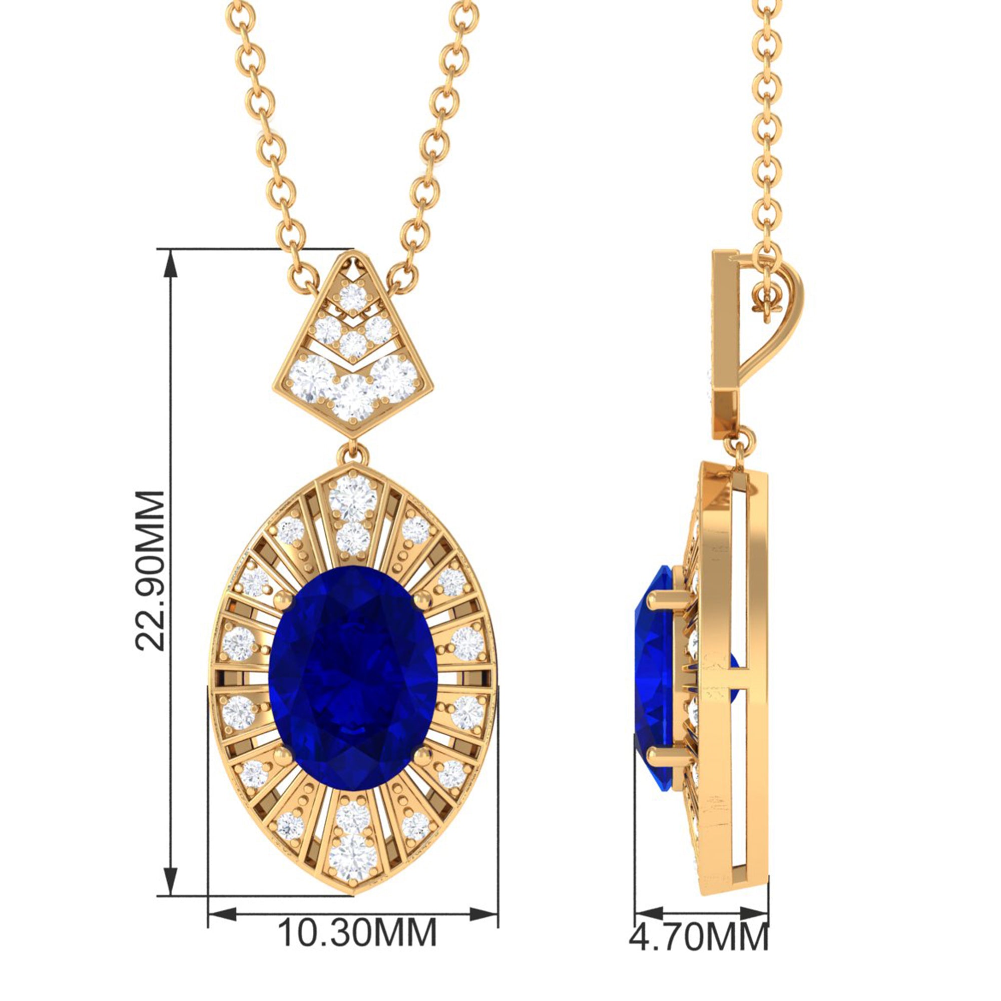 Vibrant Grown Labs-Oval Lab Created Blue Sapphire Art Deco Pendant Necklace with Diamond