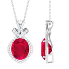 Vibrant Grown Labs-Oval Shape Created Ruby Art Deco Pendant Necklace with Accent