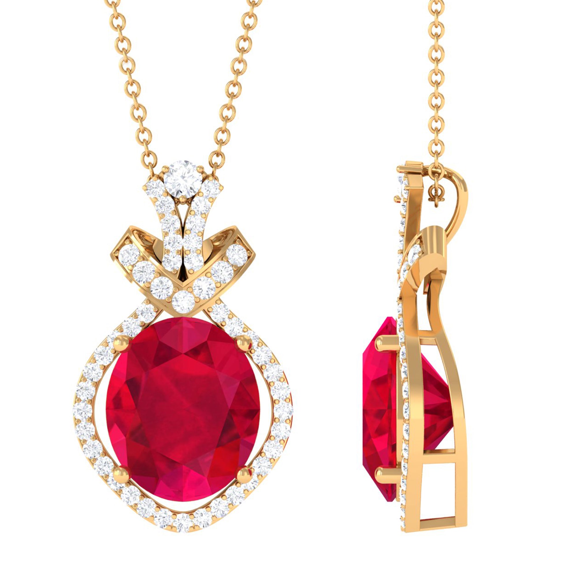 Vibrant Grown Labs-Oval Shape Created Ruby Art Deco Pendant Necklace with Accent