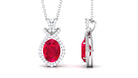 Vibrant Grown Labs-Oval Shape Created Ruby Art Deco Pendant Necklace with Accent