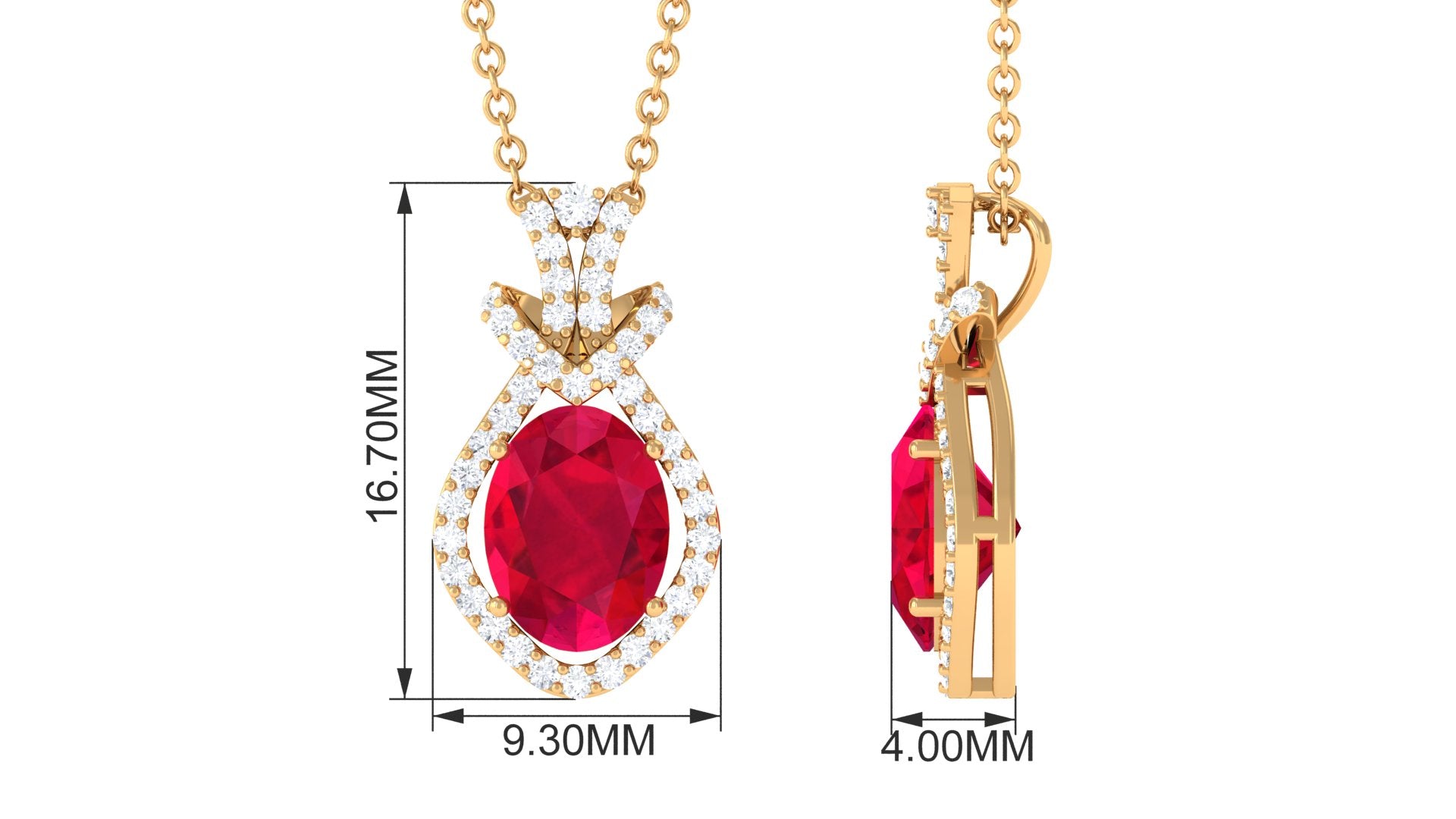 Vibrant Grown Labs-Oval Shape Created Ruby Art Deco Pendant Necklace with Accent