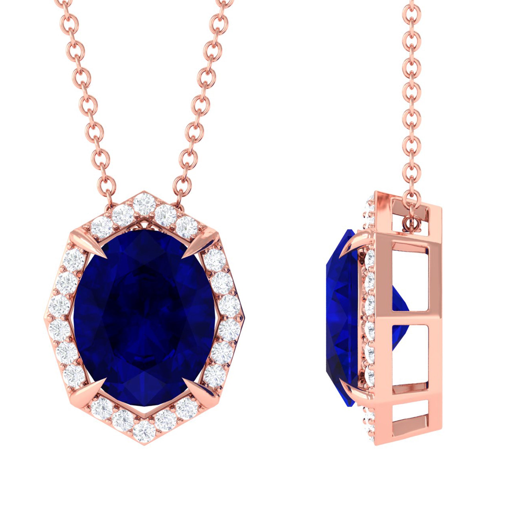 Vibrant Grown Labs-Lab Created Blue Sapphire Art Deco Pendant Necklace with Diamond