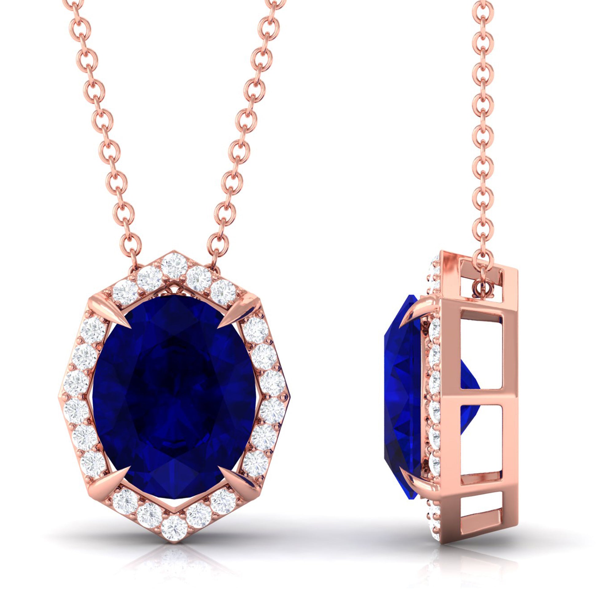 Vibrant Grown Labs-Lab Created Blue Sapphire Art Deco Pendant Necklace with Diamond