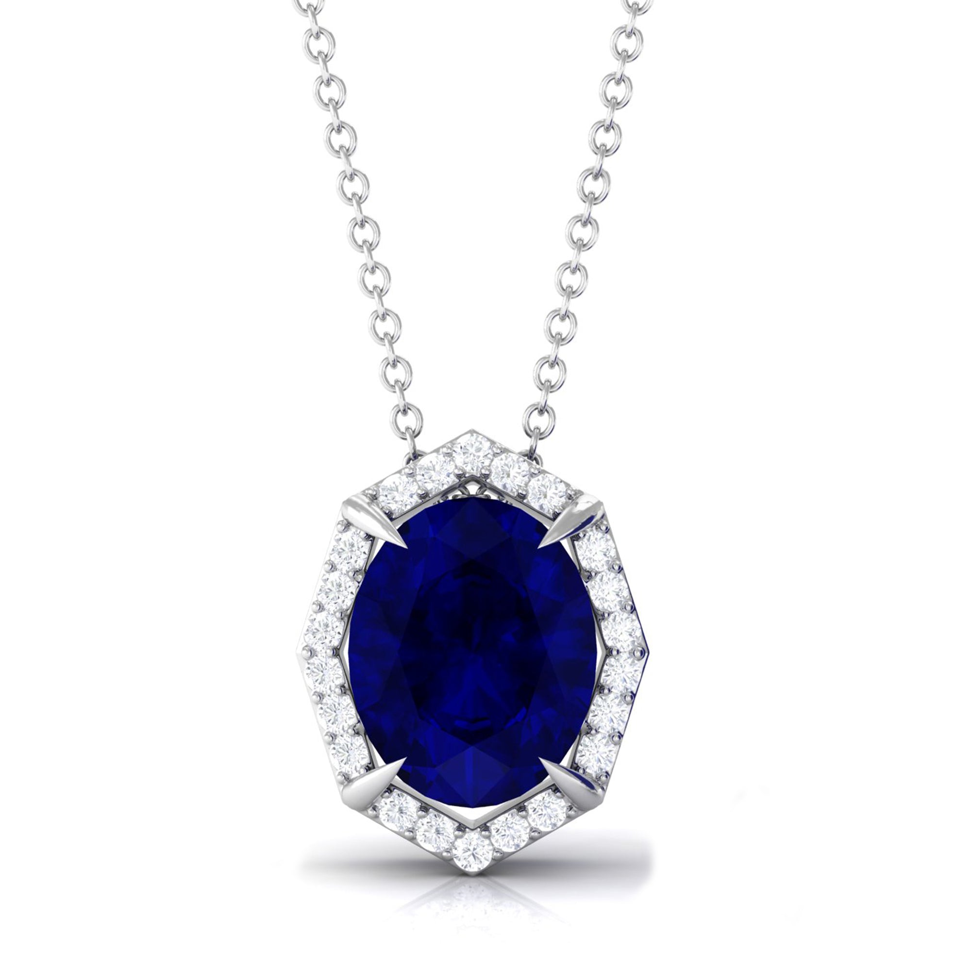 Vibrant Grown Labs-Lab Created Blue Sapphire Art Deco Pendant Necklace with Diamond