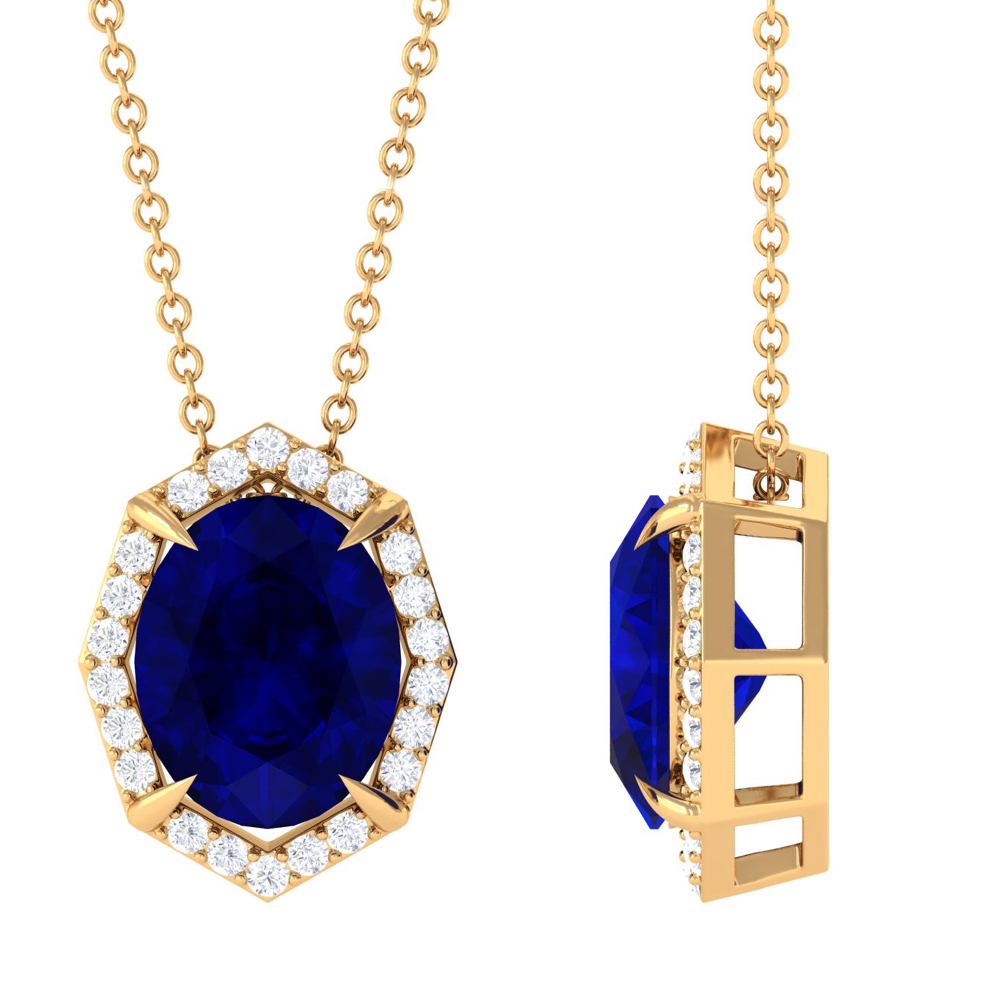 Vibrant Grown Labs-Lab Created Blue Sapphire Art Deco Pendant Necklace with Diamond