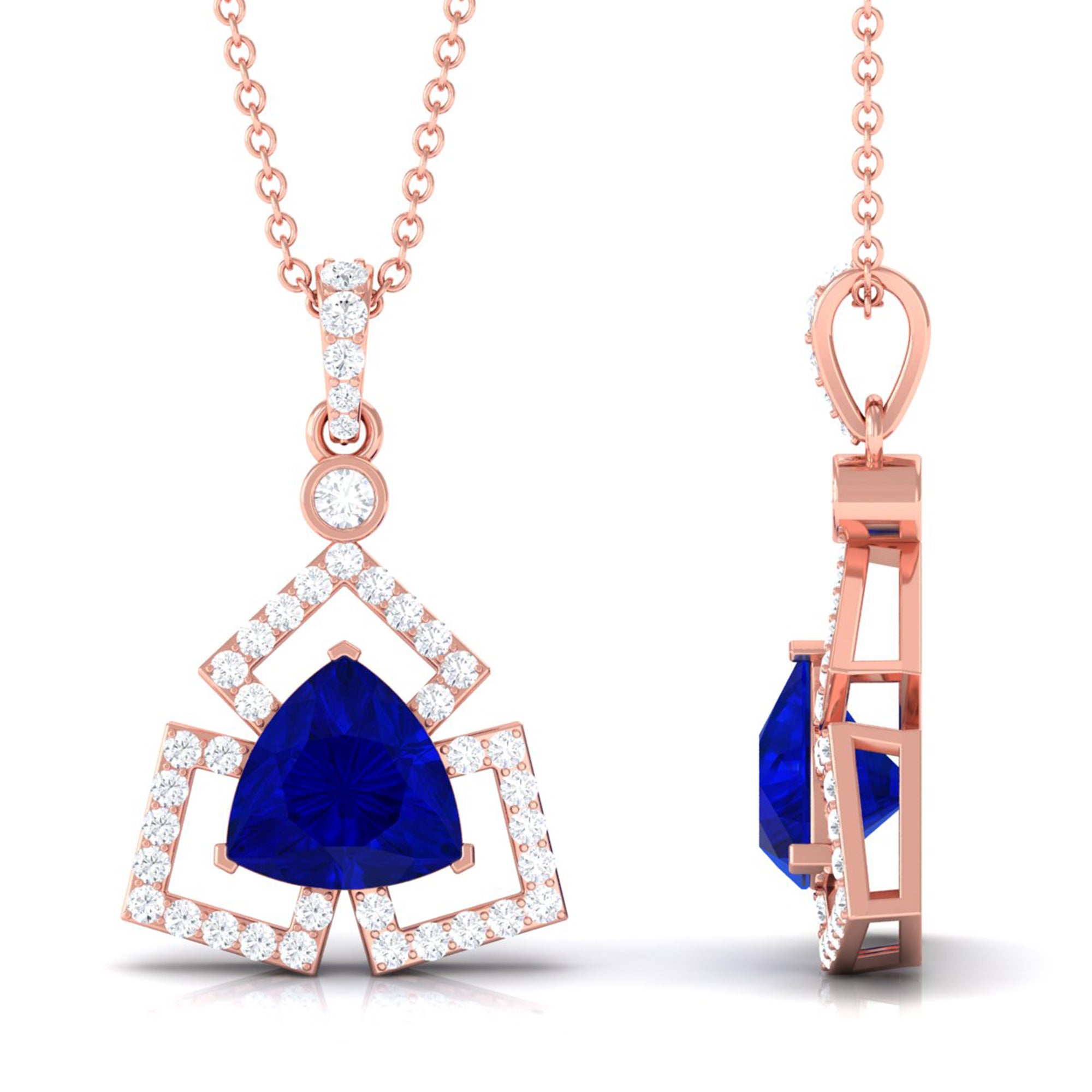 Vibrant Grown Labs-Trilliant Cut Created Blue Sapphire Pendant Necklace with Diamond