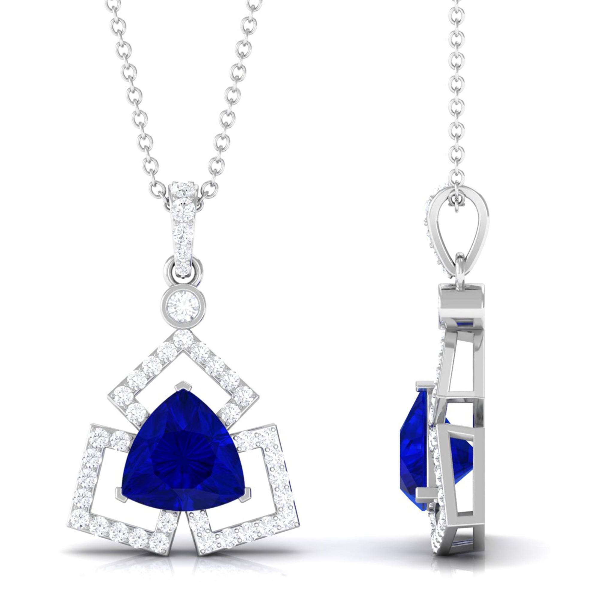 Vibrant Grown Labs-Trilliant Cut Created Blue Sapphire Pendant Necklace with Diamond