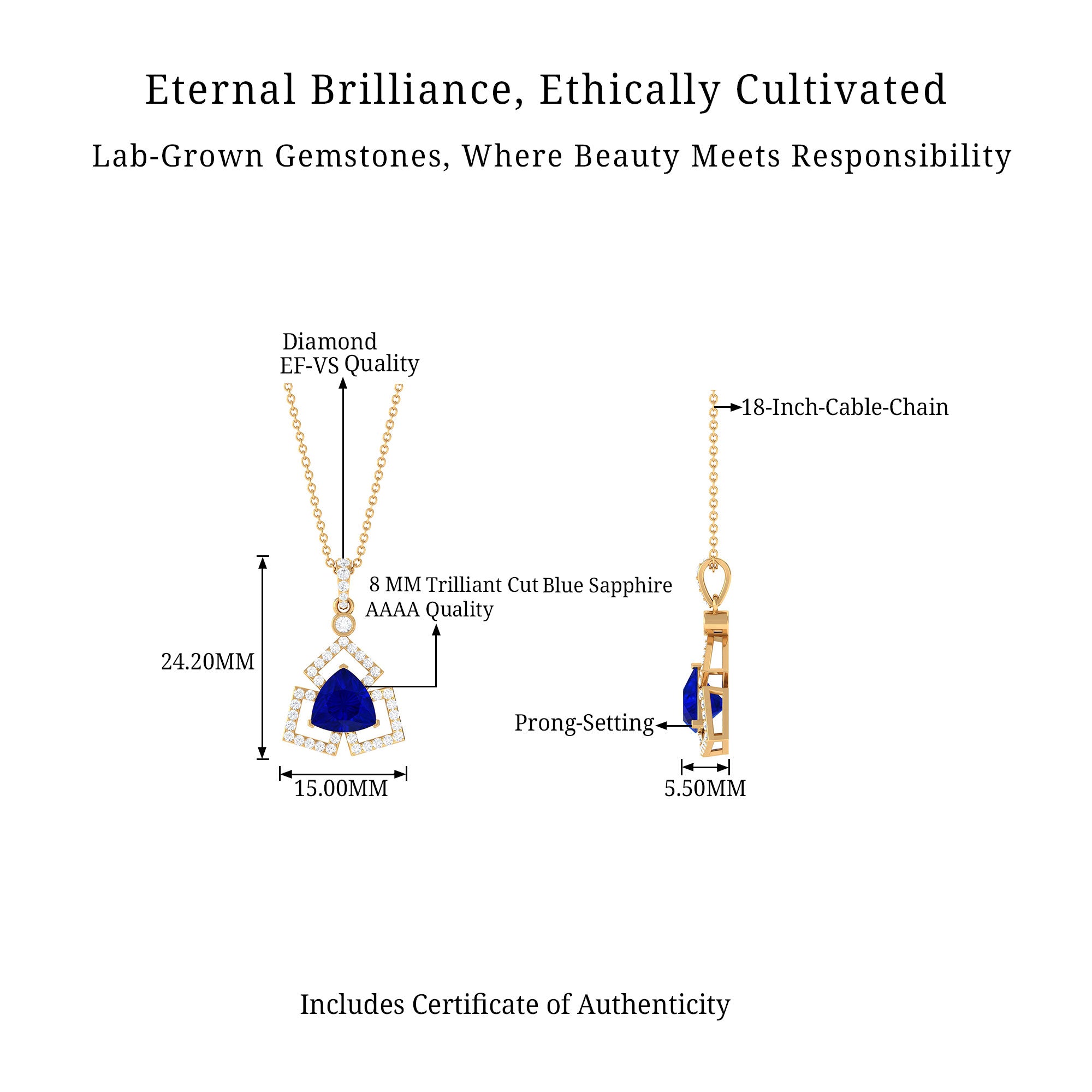 Vibrant Grown Labs-Trilliant Cut Created Blue Sapphire Pendant Necklace with Diamond