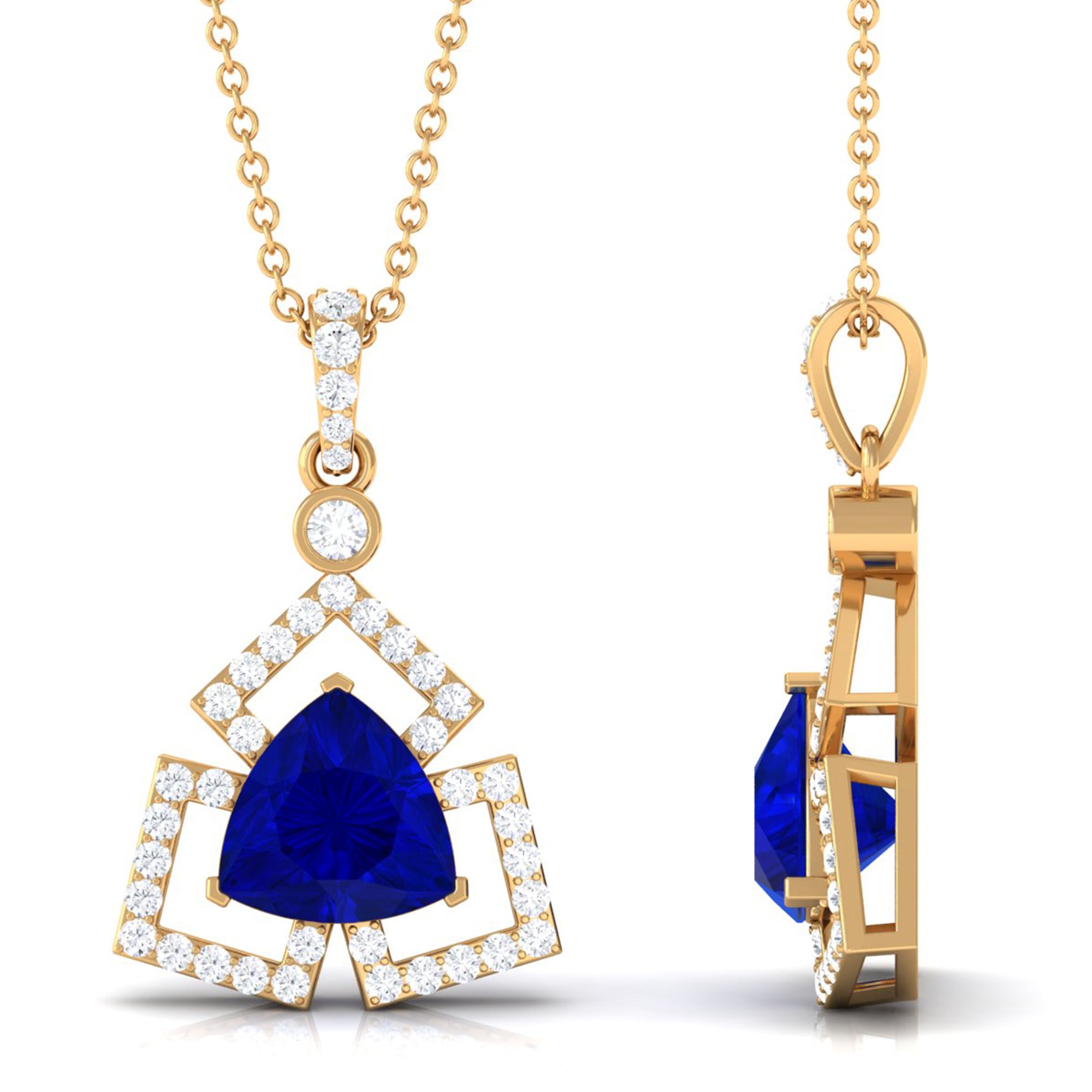 Vibrant Grown Labs-Trilliant Cut Created Blue Sapphire Pendant Necklace with Diamond