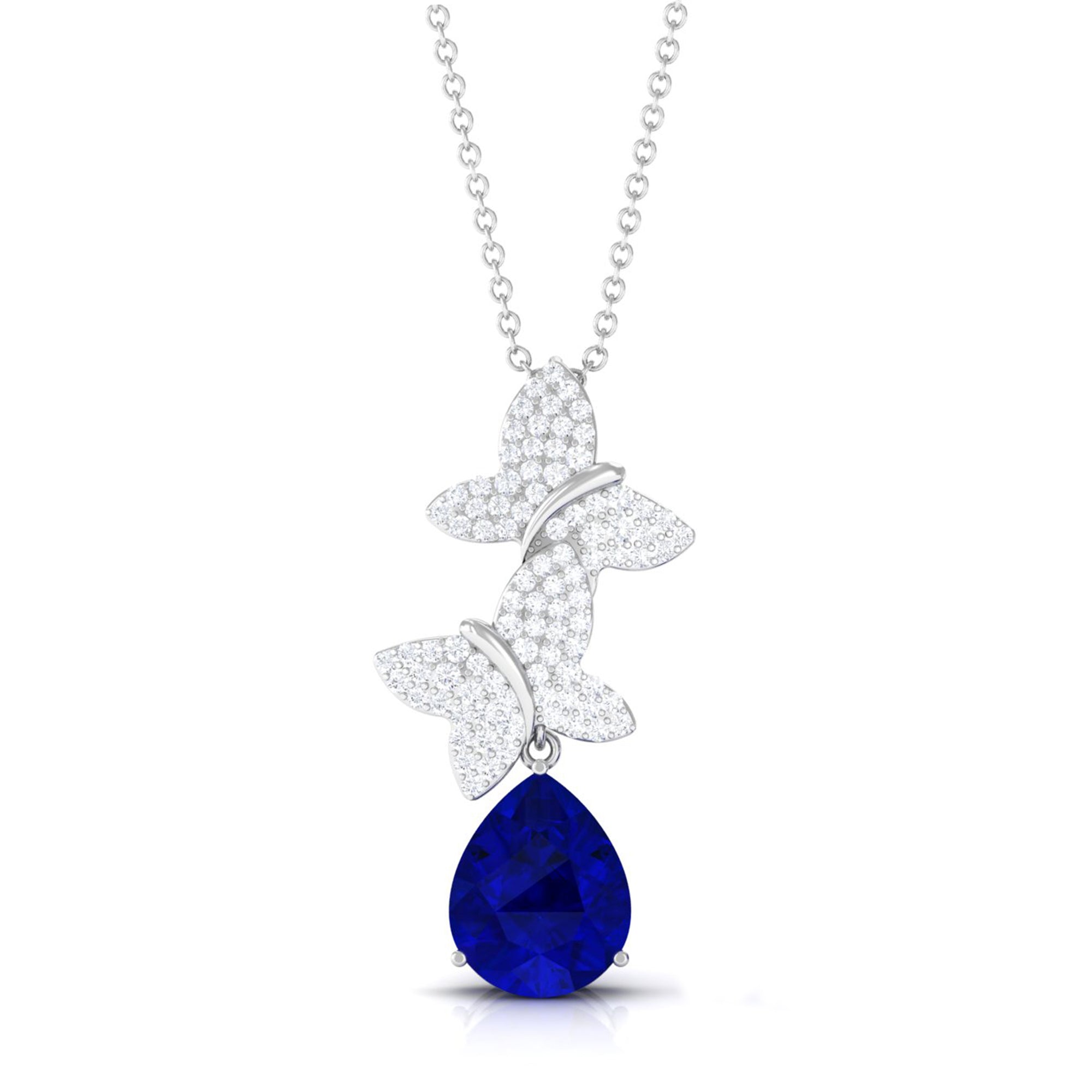 Vibrant Grown Labs-Created Blue Sapphire Pendant Necklace with Diamond Butterflies