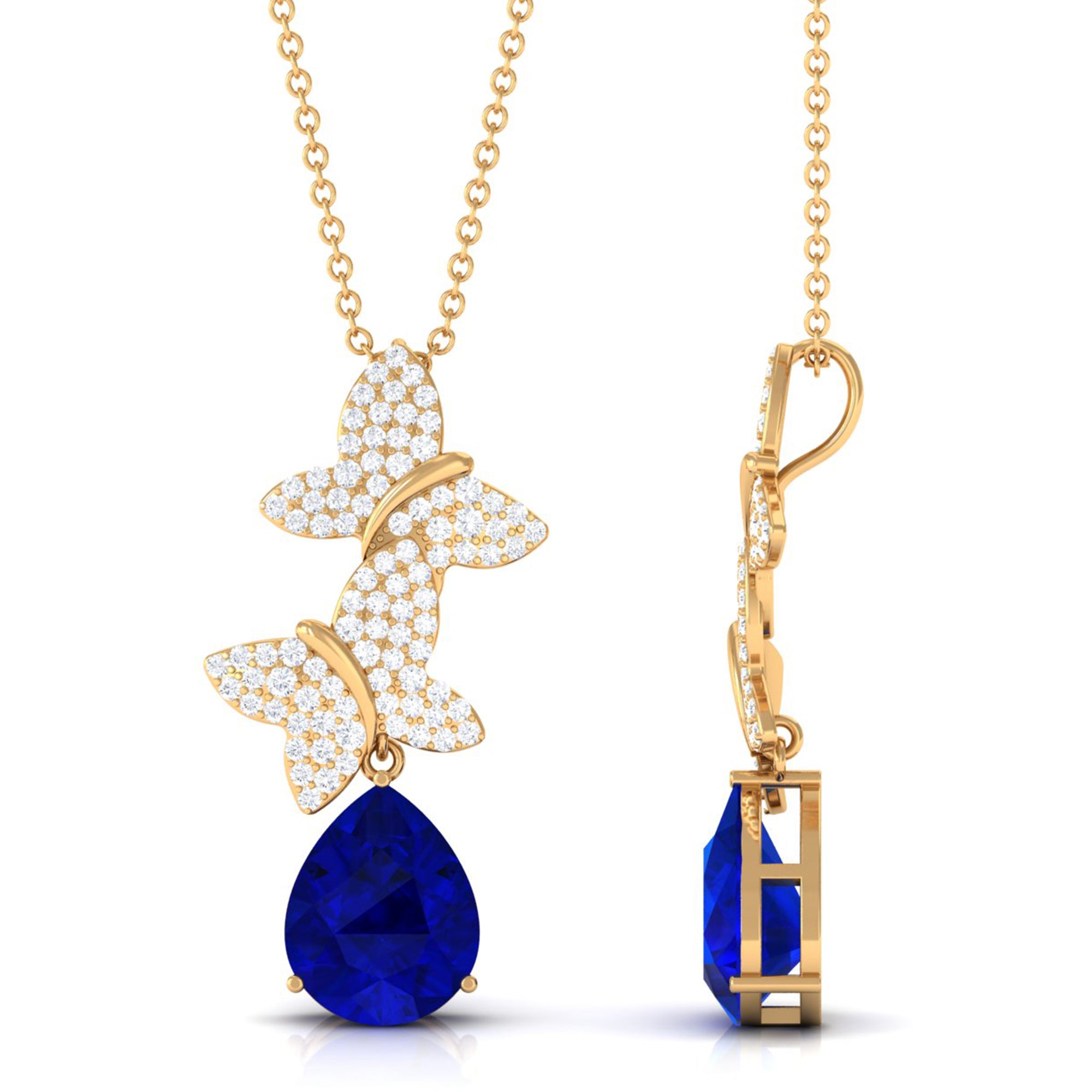 Vibrant Grown Labs-Created Blue Sapphire Pendant Necklace with Diamond Butterflies