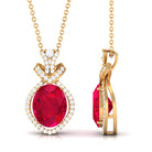 Vibrant Grown Labs-Oval Shape Created Ruby Art Deco Pendant Necklace with Accent