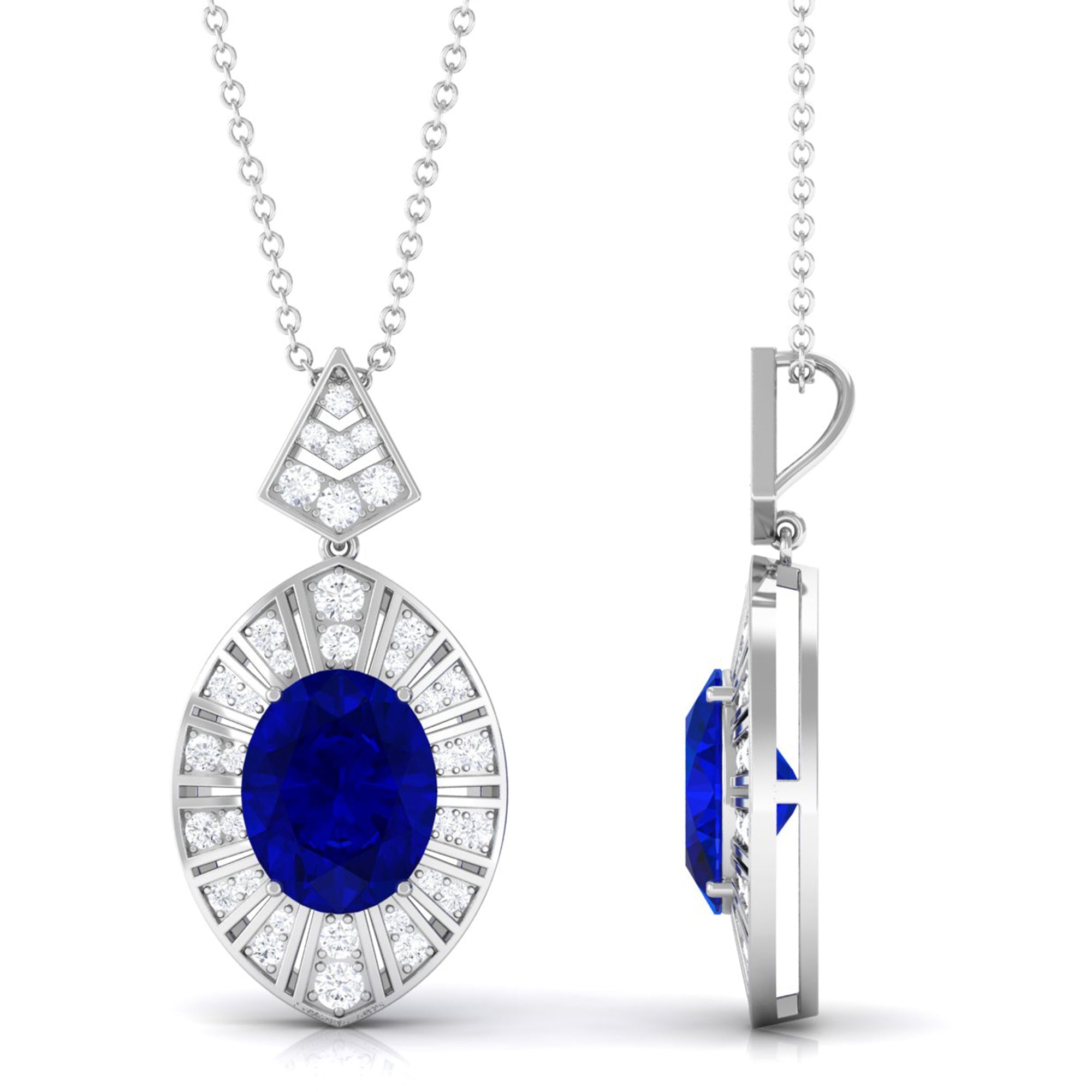 Vibrant Grown Labs-Oval Lab Created Blue Sapphire Art Deco Pendant Necklace with Diamond