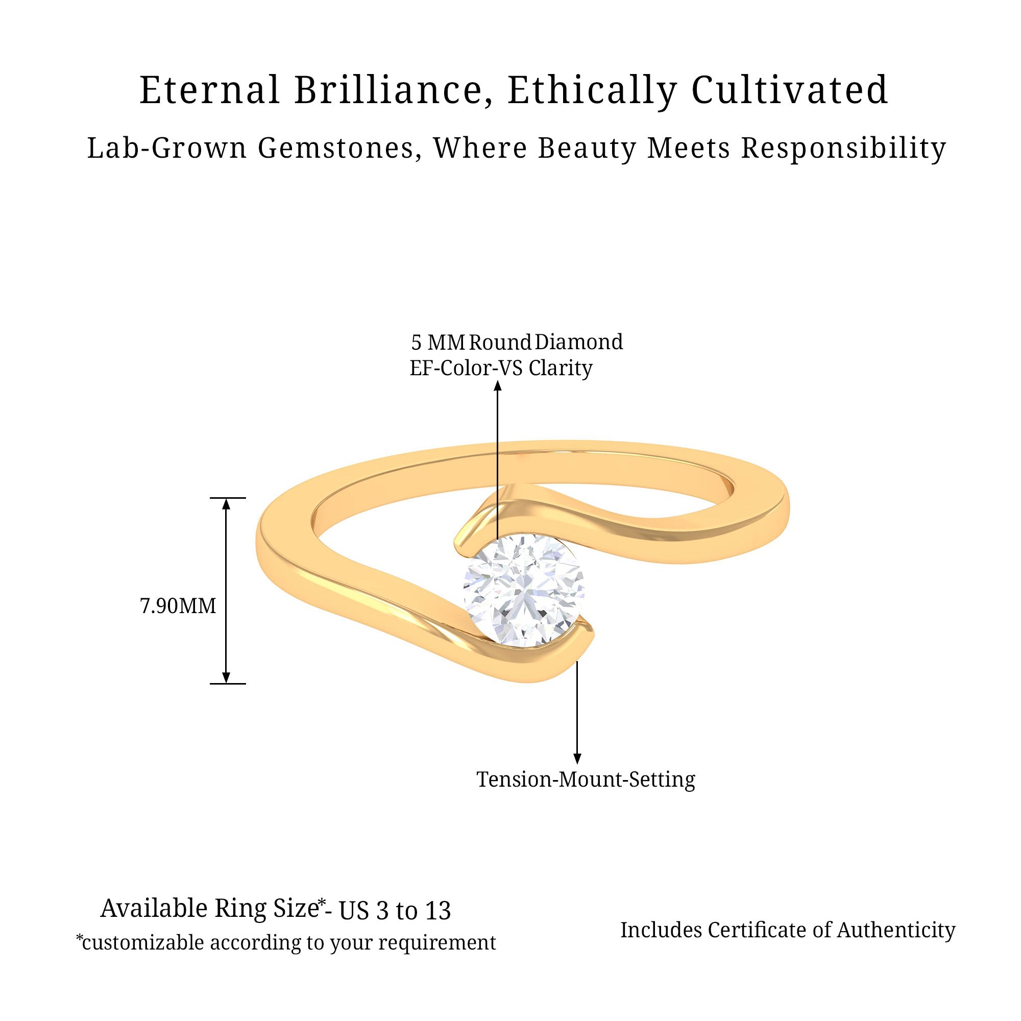 Vibrant Grown Labs-Minimalist Lab Grown Diamond Solitaire Bypass Ring