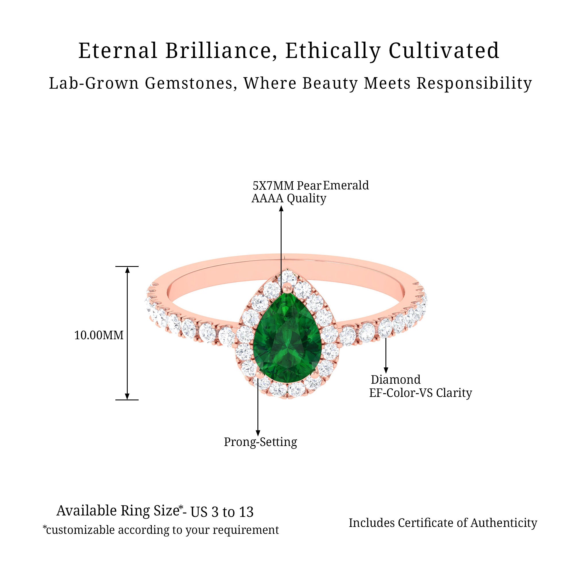 Vibrant Grown Labs-Lab Grown Emerald Teardrop Halo Engagement Ring with Accent