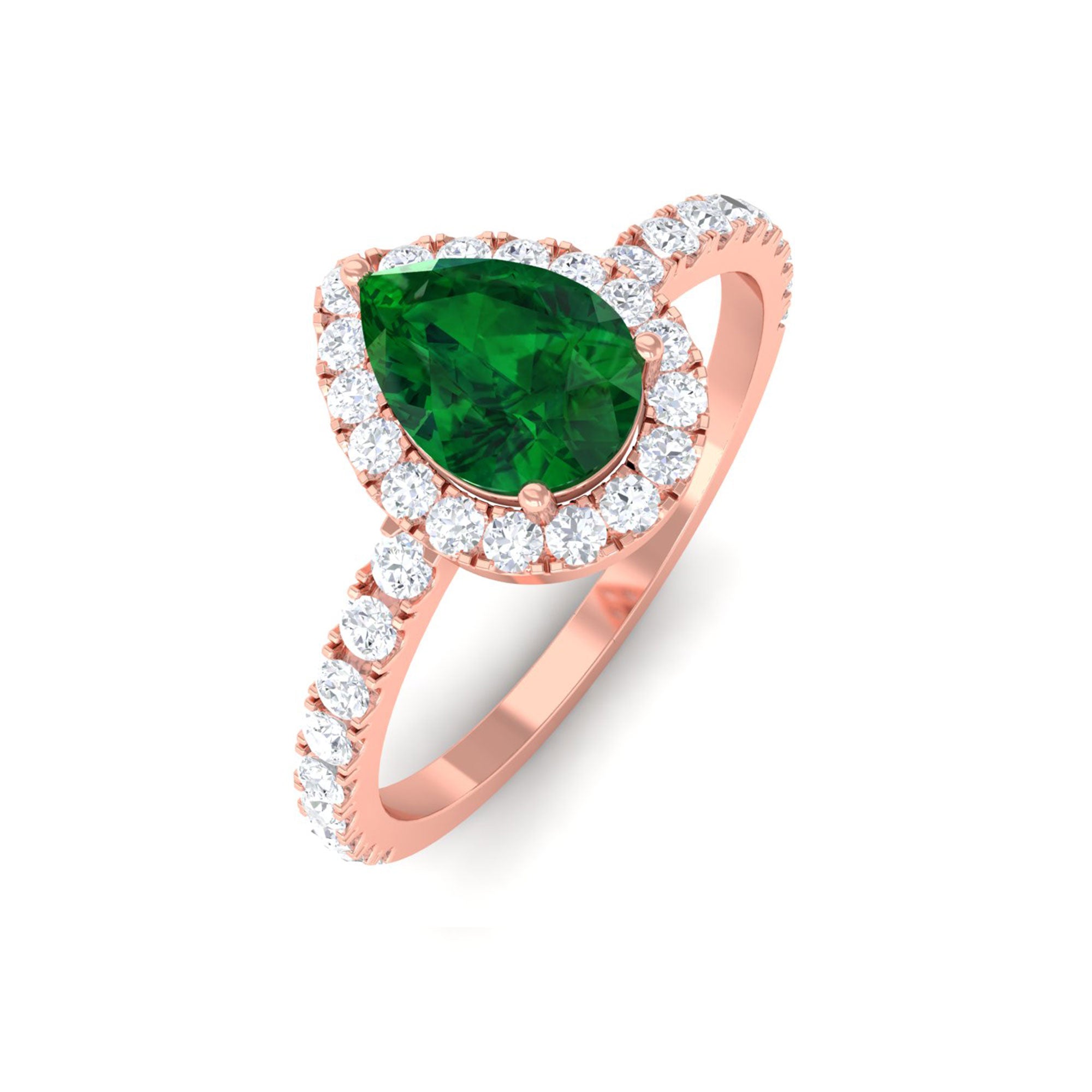 Vibrant Grown Labs-Lab Grown Emerald Teardrop Halo Engagement Ring with Accent