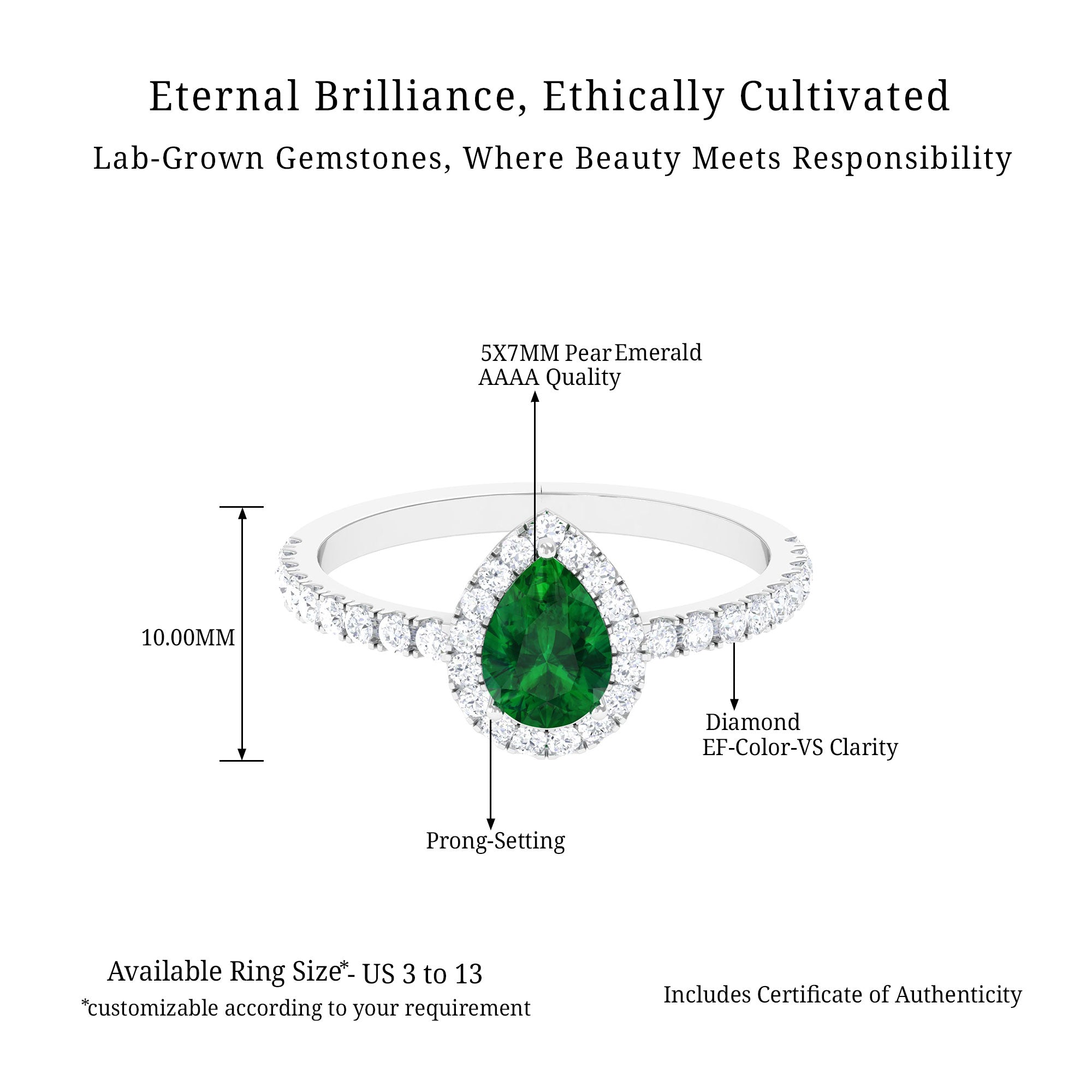 Vibrant Grown Labs-Lab Grown Emerald Teardrop Halo Engagement Ring with Accent