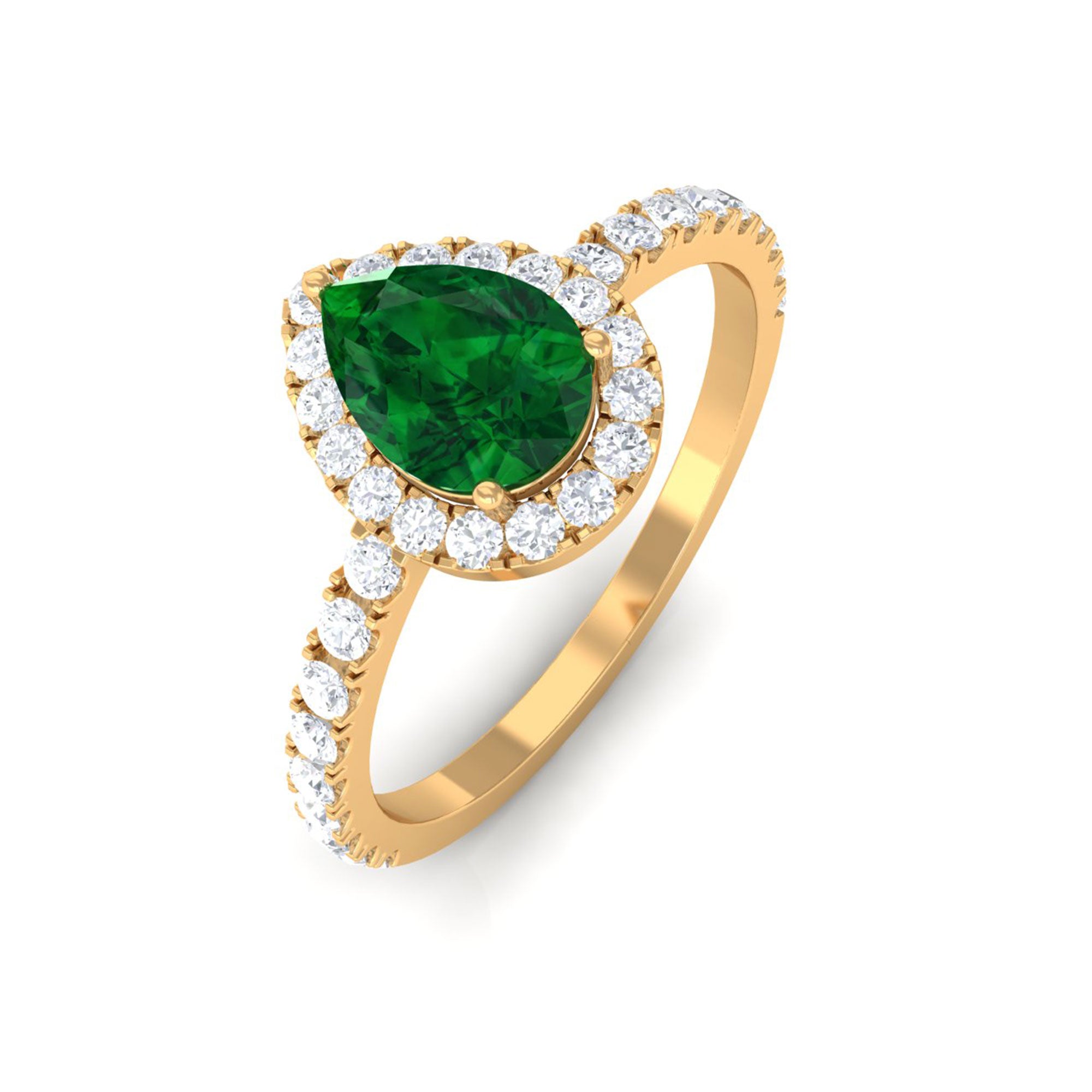 Vibrant Grown Labs-Lab Grown Emerald Teardrop Halo Engagement Ring with Accent