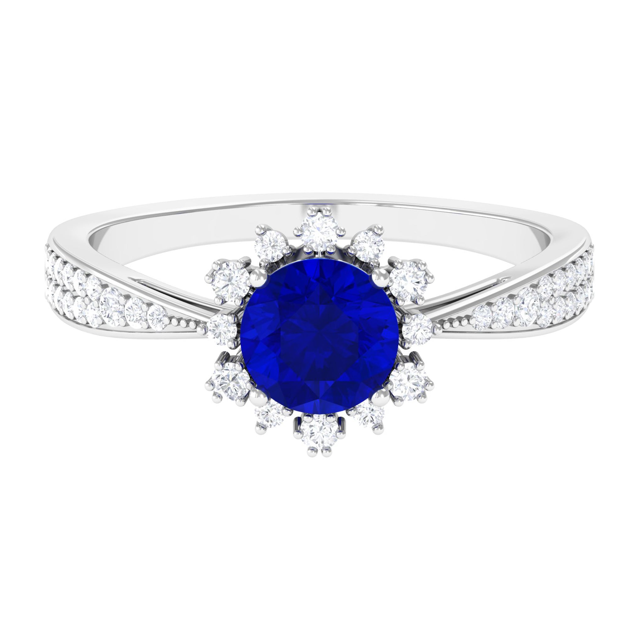 Vibrant Grown Labs-Classic Lab Grown Blue Sapphire Engagement Ring with Accent