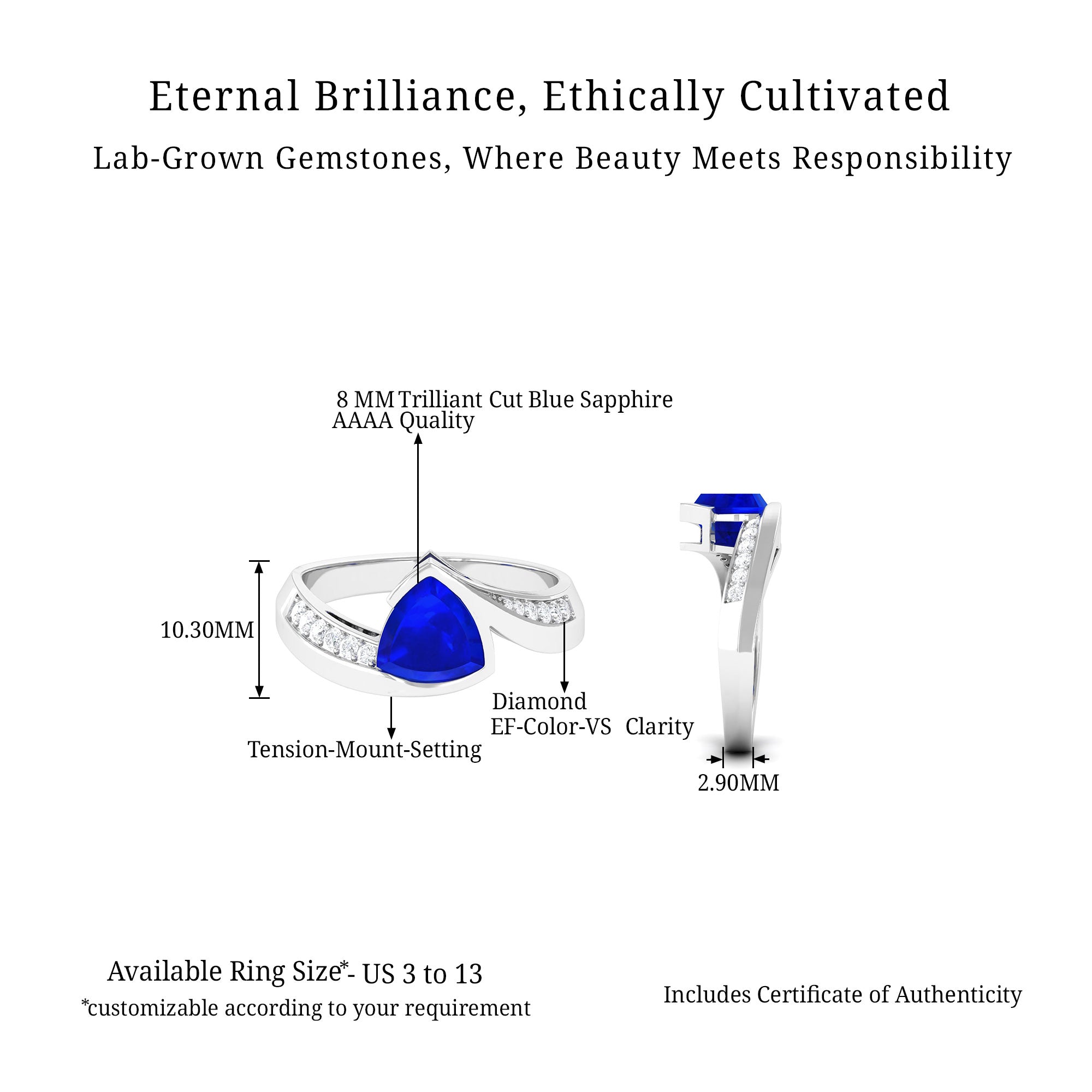 Vibrant Grown Labs-Classic Lab Grown Blue Sapphire Engagement Ring for Women