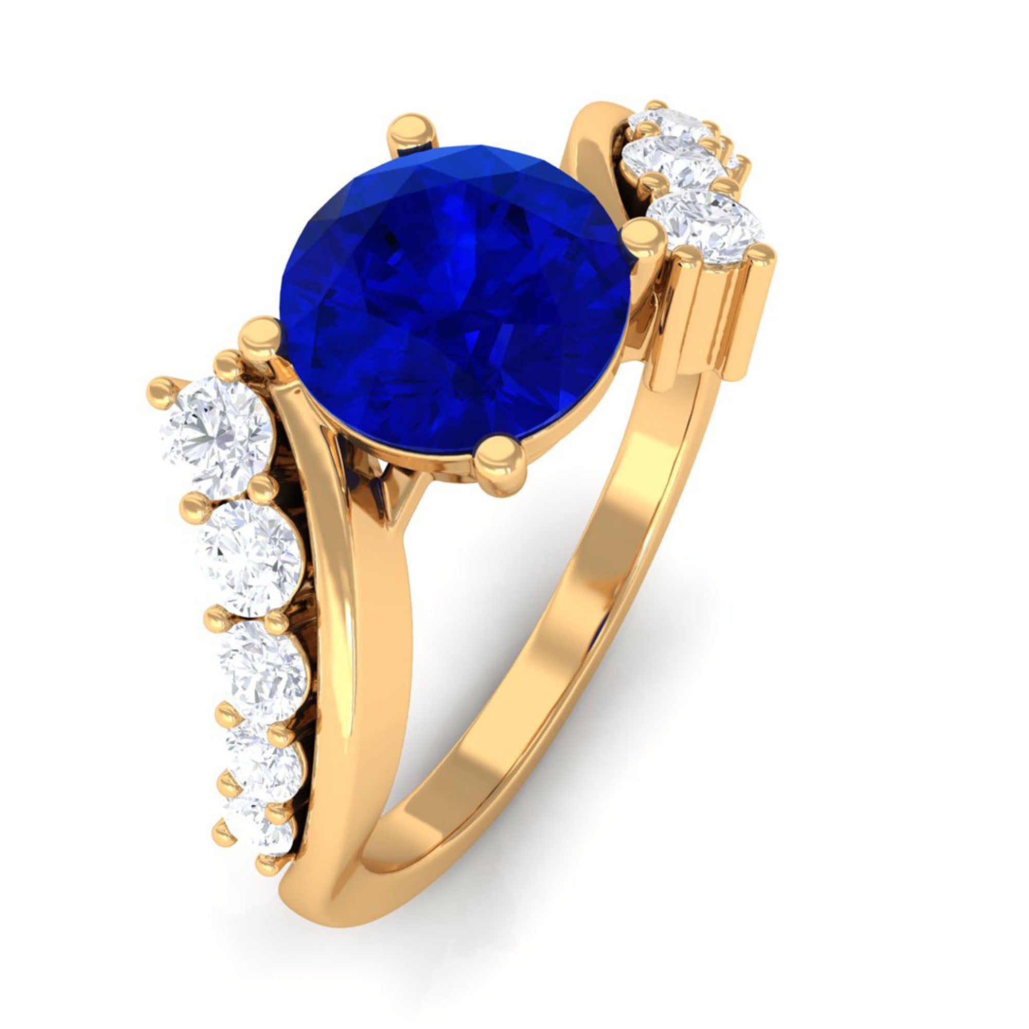 Designer Lab Grown Blue Sapphire Engagement Ring Lab Created Blue Sapphire - ( AAAA ) - Quality - Vibrant Grown Labs