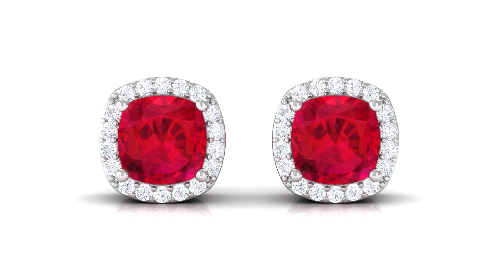 Cushion Shaped Lab Grown Ruby Classic Stud Earrings with Halo Lab Created Ruby - ( AAAA ) - Quality - Vibrant Grown Labs